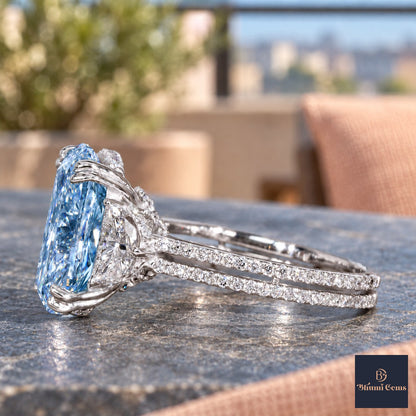 Blue Elongated Cushion Cut Lab Grown Diamond Engagement Ring - Half Moon Split Shank in white gold, side view