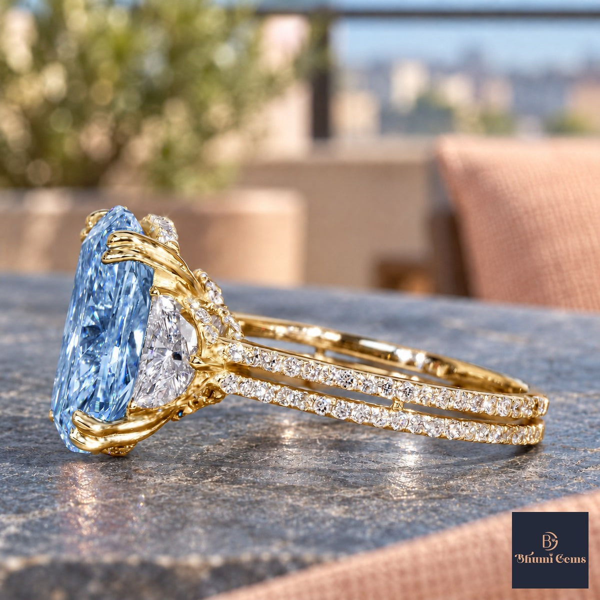 Blue Elongated Cushion Cut Lab Grown Diamond Engagement Ring - Half Moon Split Shank in yellow gold, side view