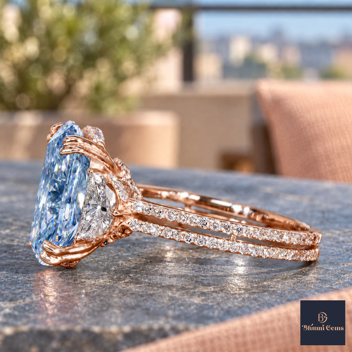 Blue Elongated Cushion Cut Lab Grown Diamond Engagement Ring - Half Moon Split Shank in rose gold, side view