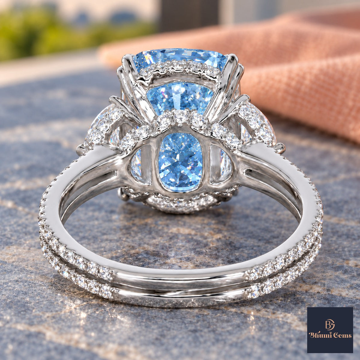 Blue Elongated Cushion Cut Lab Grown Diamond Engagement Ring - Half Moon Split Shank in white gold, gallery view