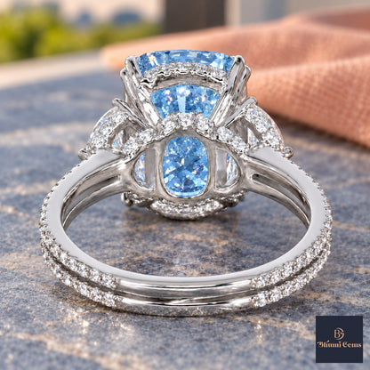 Blue Elongated Cushion Cut Lab Grown Diamond Engagement Ring - Half Moon Split Shank in white gold, gallery view