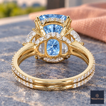 Blue Elongated Cushion Cut Lab Grown Diamond Engagement Ring - Half Moon Split Shank in yellow gold, gallery view