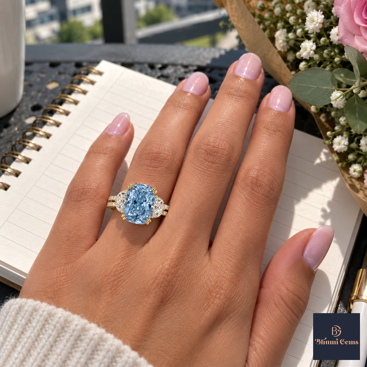 Blue Elongated Cushion Cut Lab Grown Diamond Engagement Ring - Half Moon Split Shank in yellow gold, worn on the hand