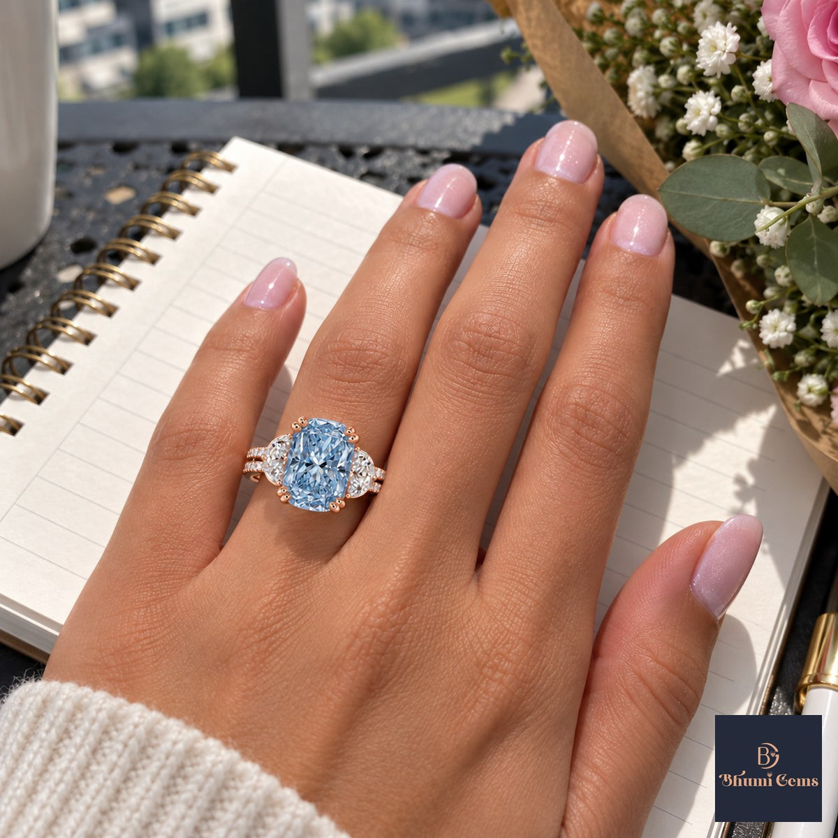 Blue Elongated Cushion Cut Lab Grown Diamond Engagement Ring - Half Moon Split Shank in rose gold, worn on the hand