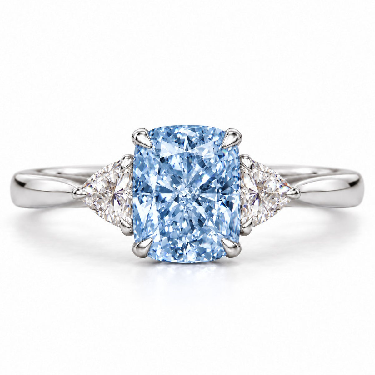 Blue Elongated Cushion Cut Lab Grown Diamond Engagement Ring - Trillion Three Stone in white gold, front view