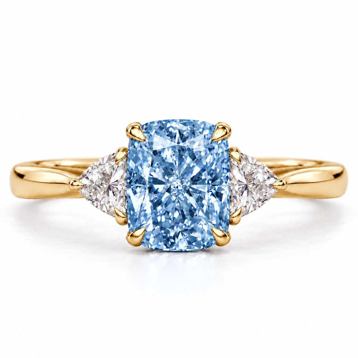 Blue Elongated Cushion Cut Lab Grown Diamond Engagement Ring - Trillion Three Stone in yellow gold, front view