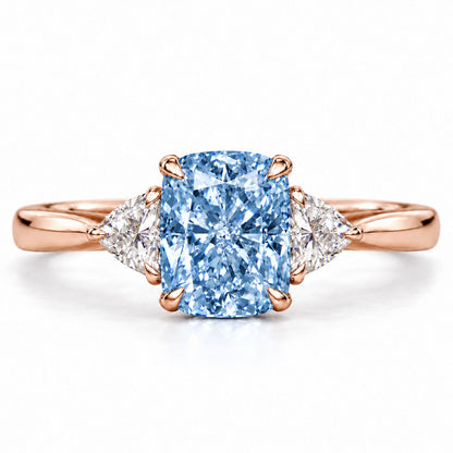 Blue Elongated Cushion Cut Lab Grown Diamond Engagement Ring - Trillion Three Stone in rose gold, front view