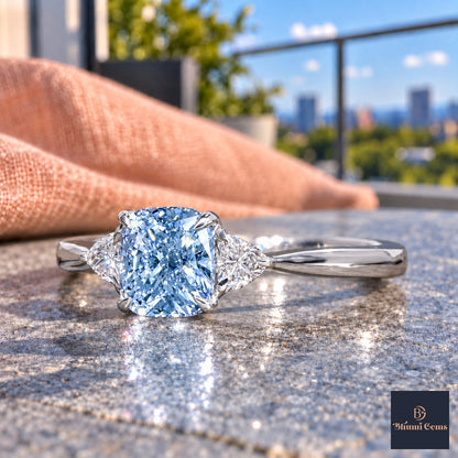 Blue Elongated Cushion Cut Lab Grown Diamond Engagement Ring - Trillion Three Stone in white gold, close-up