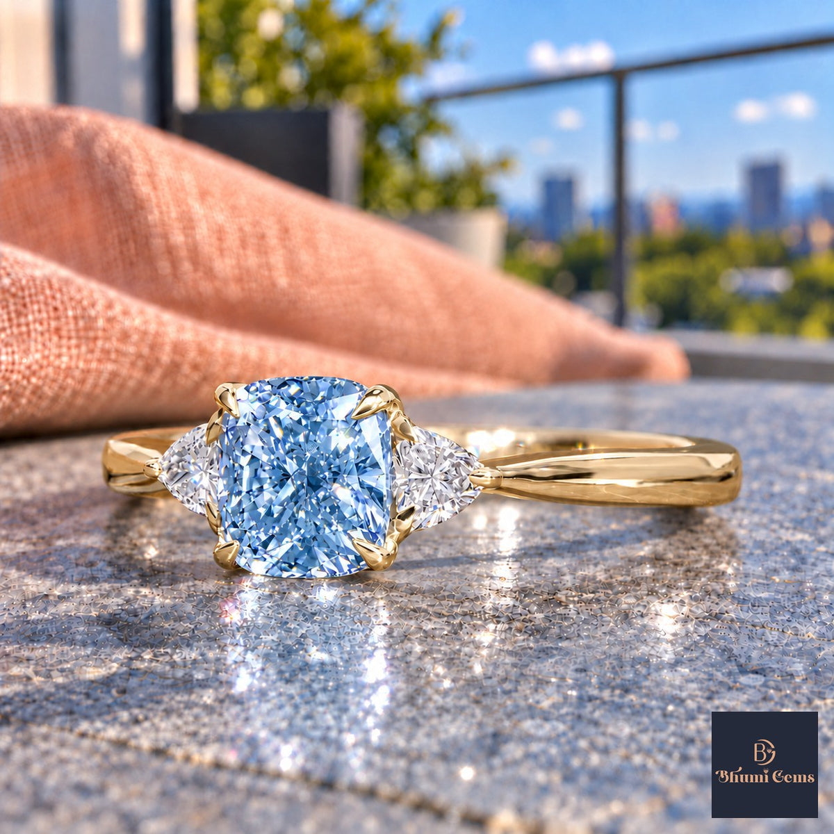 Blue Elongated Cushion Cut Lab Grown Diamond Engagement Ring - Trillion Three Stone in yellow gold, close-up
