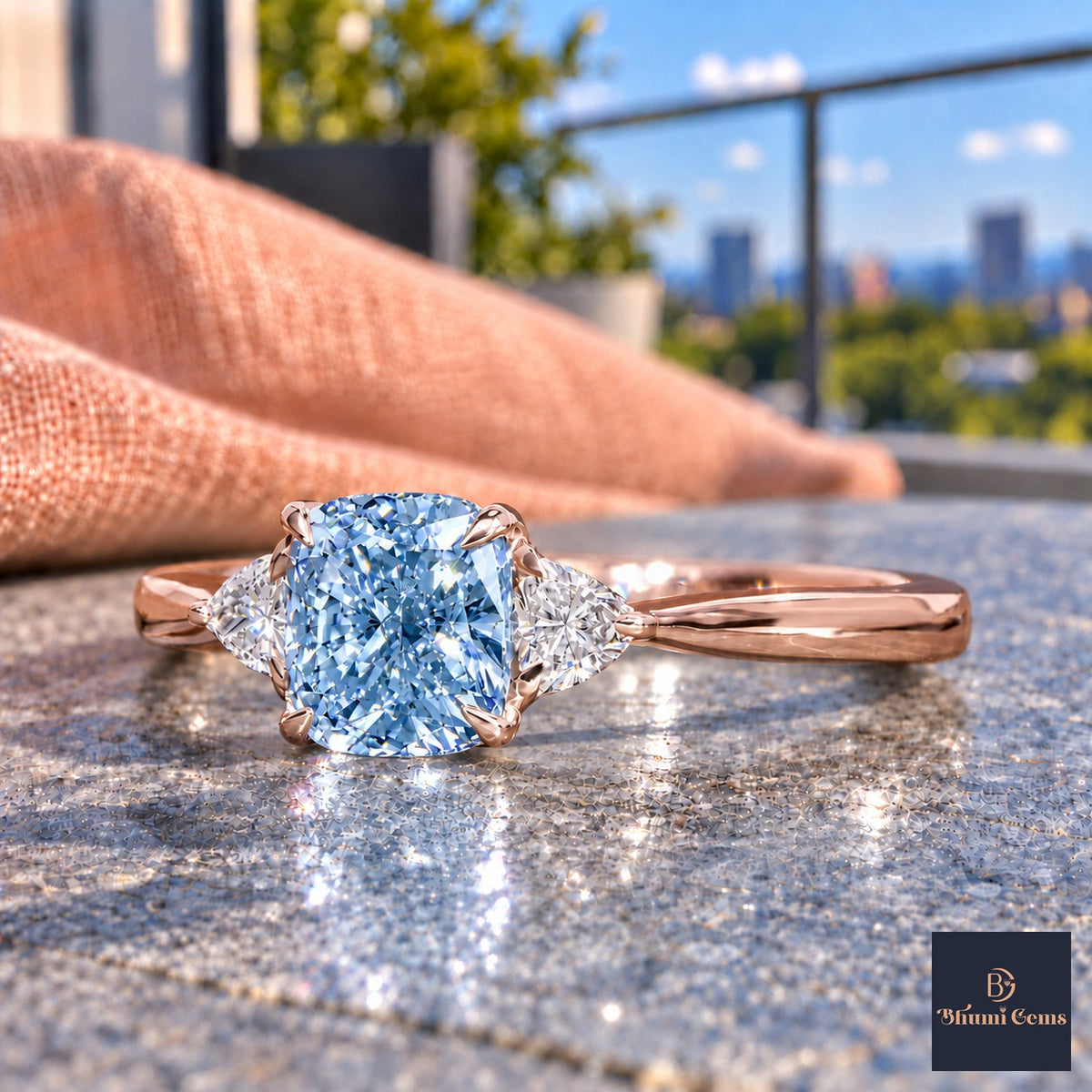 Blue Elongated Cushion Cut Lab Grown Diamond Engagement Ring - Trillion Three Stone in rose gold, close-up