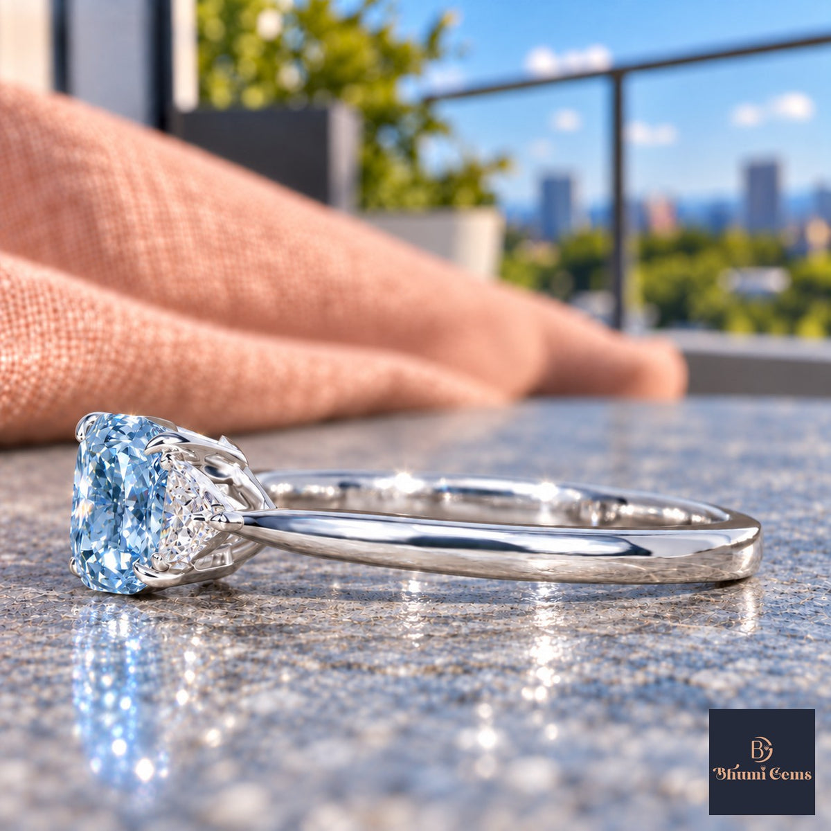 Blue Elongated Cushion Cut Lab Grown Diamond Engagement Ring - Trillion Three Stone in white gold, side view