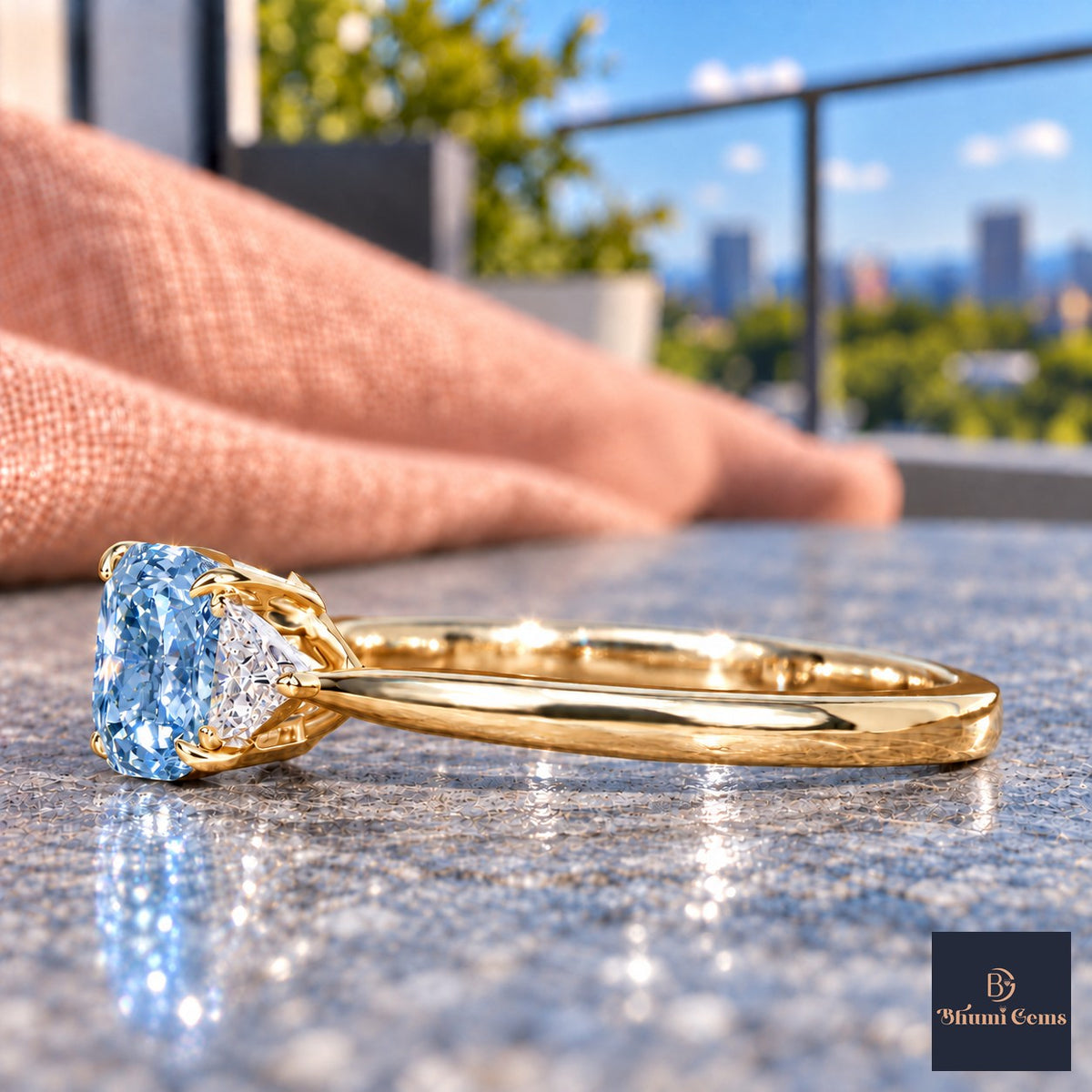 Blue Elongated Cushion Cut Lab Grown Diamond Engagement Ring - Trillion Three Stone in yellow gold, side view