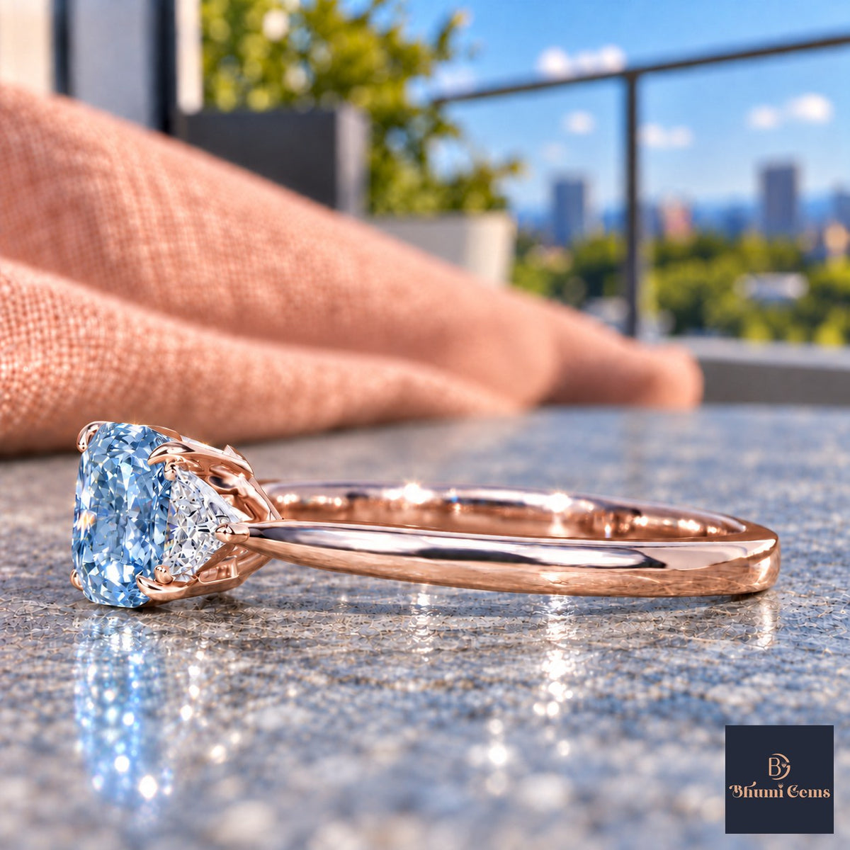Blue Elongated Cushion Cut Lab Grown Diamond Engagement Ring - Trillion Three Stone in rose gold, side view