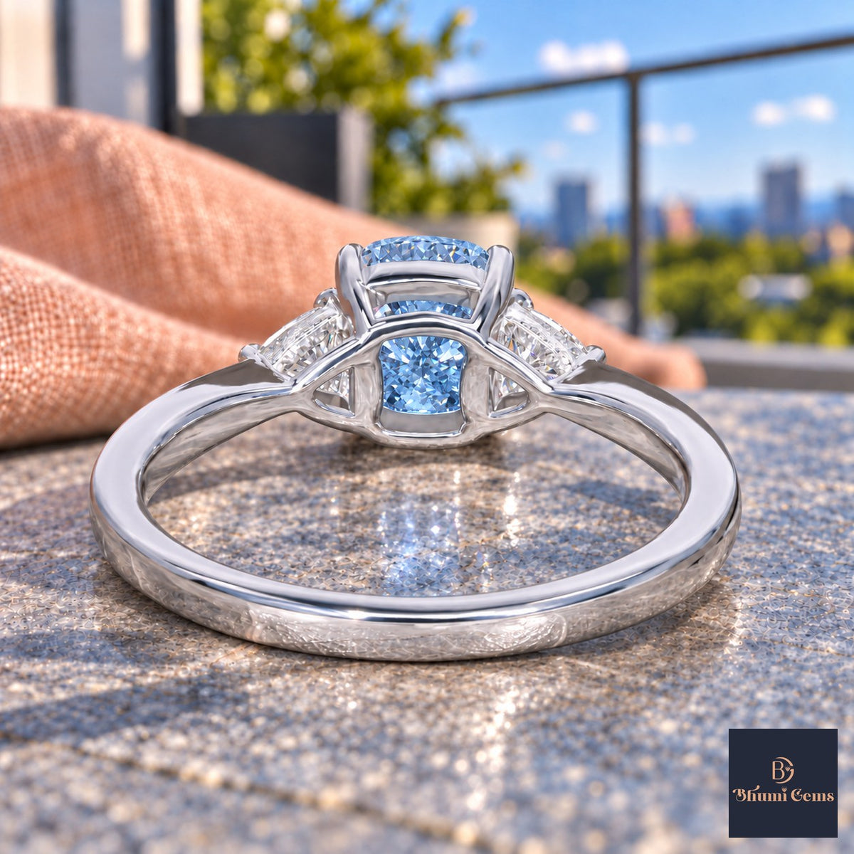 Blue Elongated Cushion Cut Lab Grown Diamond Engagement Ring - Trillion Three Stone in white gold, gallery view