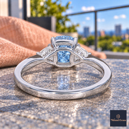 Blue Elongated Cushion Cut Lab Grown Diamond Engagement Ring - Trillion Three Stone in white gold, gallery view