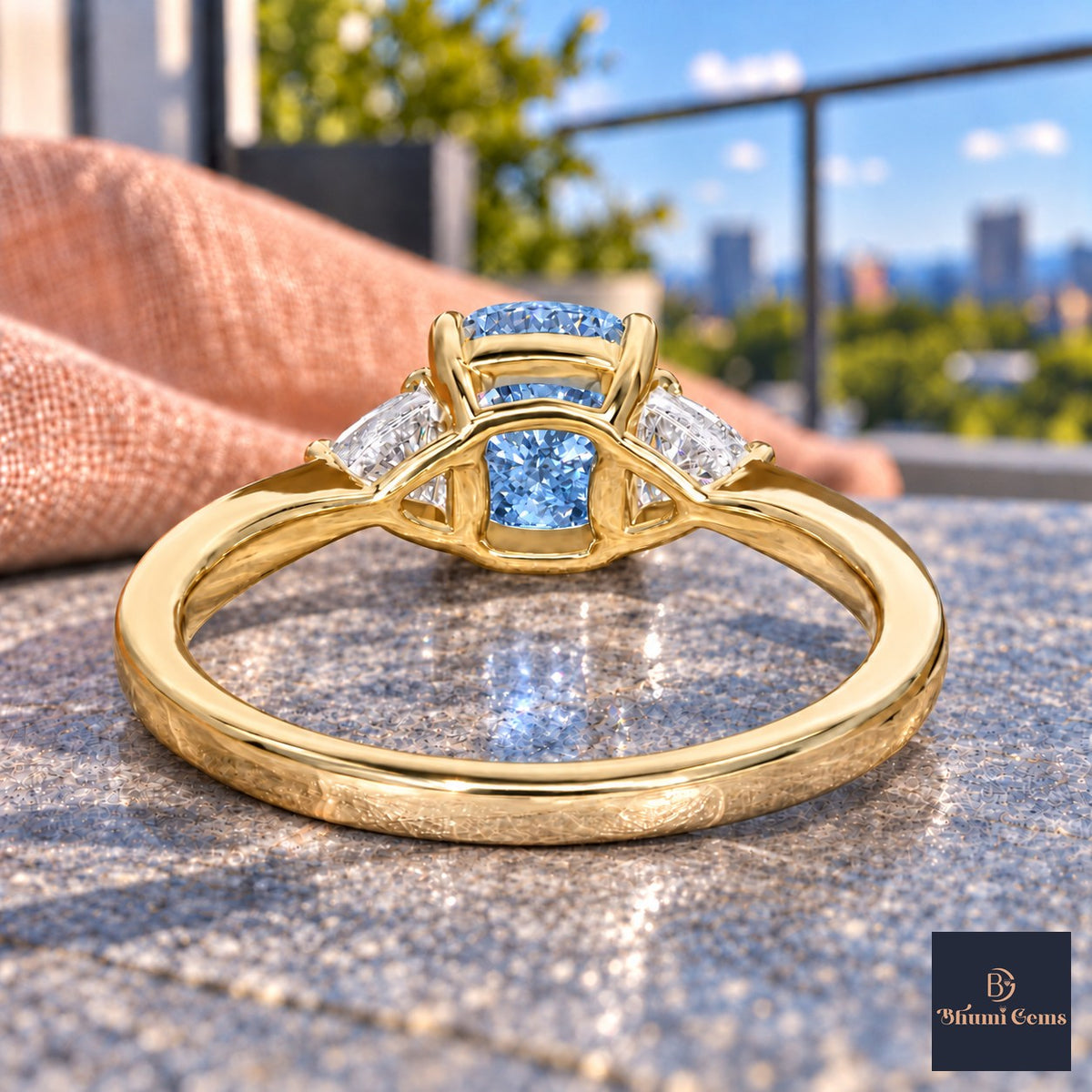 Blue Elongated Cushion Cut Lab Grown Diamond Engagement Ring - Trillion Three Stone in yellow gold, gallery view