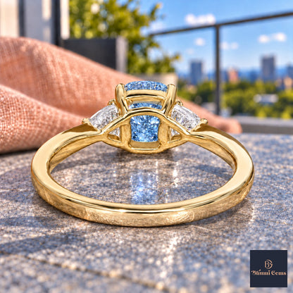 Blue Elongated Cushion Cut Lab Grown Diamond Engagement Ring - Trillion Three Stone in yellow gold, gallery view