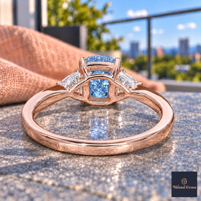 Blue Elongated Cushion Cut Lab Grown Diamond Engagement Ring - Trillion Three Stone in rose gold, gallery view