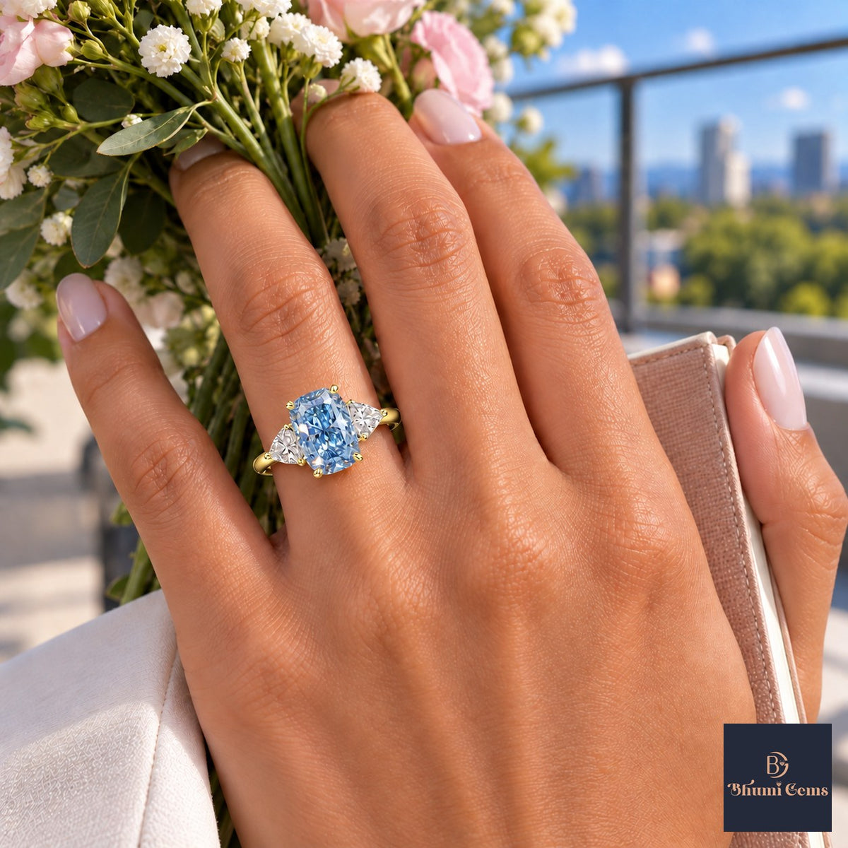 Blue Elongated Cushion Cut Lab Grown Diamond Engagement Ring - Trillion Three Stone in yellow gold, worn on the hand