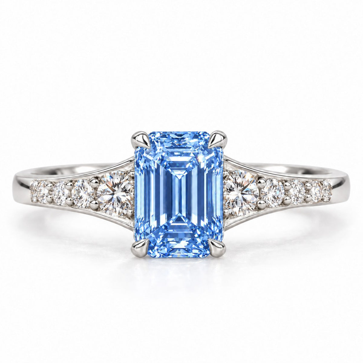 Blue Emerald Cut Lab Grown Diamond Engagement Ring - Graduated Pave Shoulders in white gold, front view