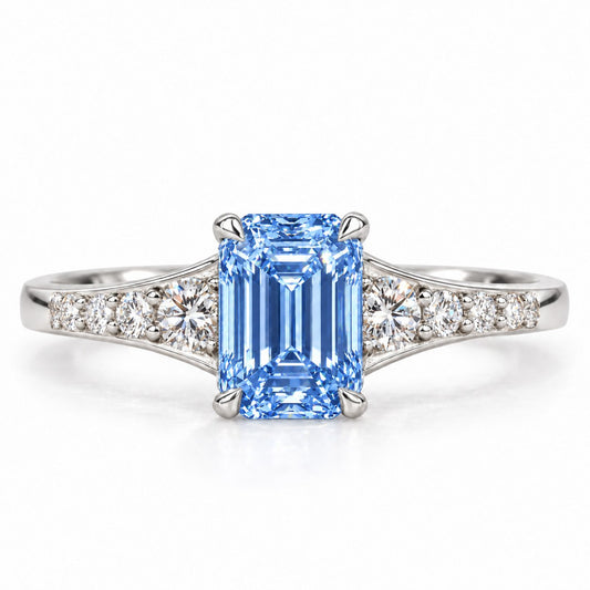 Blue Emerald Cut Lab Grown Diamond Engagement Ring - Graduated Pave Shoulders in white gold, front view
