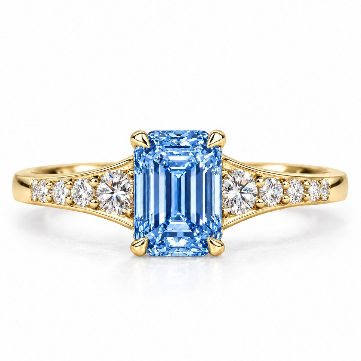 Blue Emerald Cut Lab Grown Diamond Engagement Ring - Graduated Pave Shoulders in yellow gold, front view