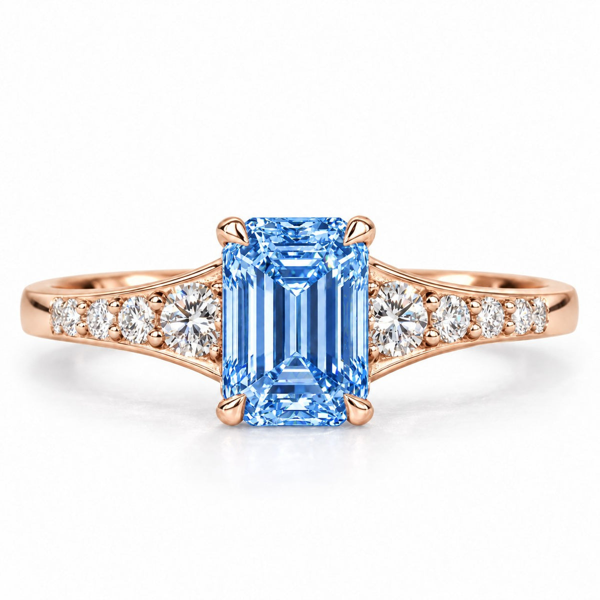 Blue Emerald Cut Lab Grown Diamond Engagement Ring - Graduated Pave Shoulders in rose gold, front view
