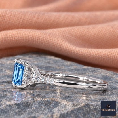 Blue Emerald Cut Lab Grown Diamond Engagement Ring - Graduated Pave Shoulders in white gold, side view