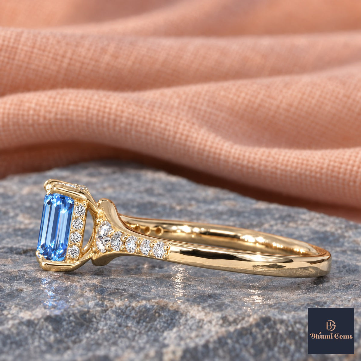 Blue Emerald Cut Lab Grown Diamond Engagement Ring - Graduated Pave Shoulders in yellow gold, side view