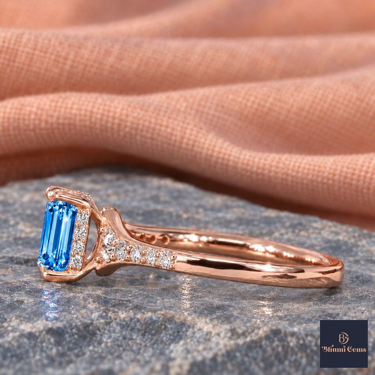 Blue Emerald Cut Lab Grown Diamond Engagement Ring - Graduated Pave Shoulders in rose gold, side view