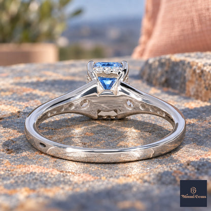 Blue Emerald Cut Lab Grown Diamond Engagement Ring - Graduated Pave Shoulders in white gold, gallery view