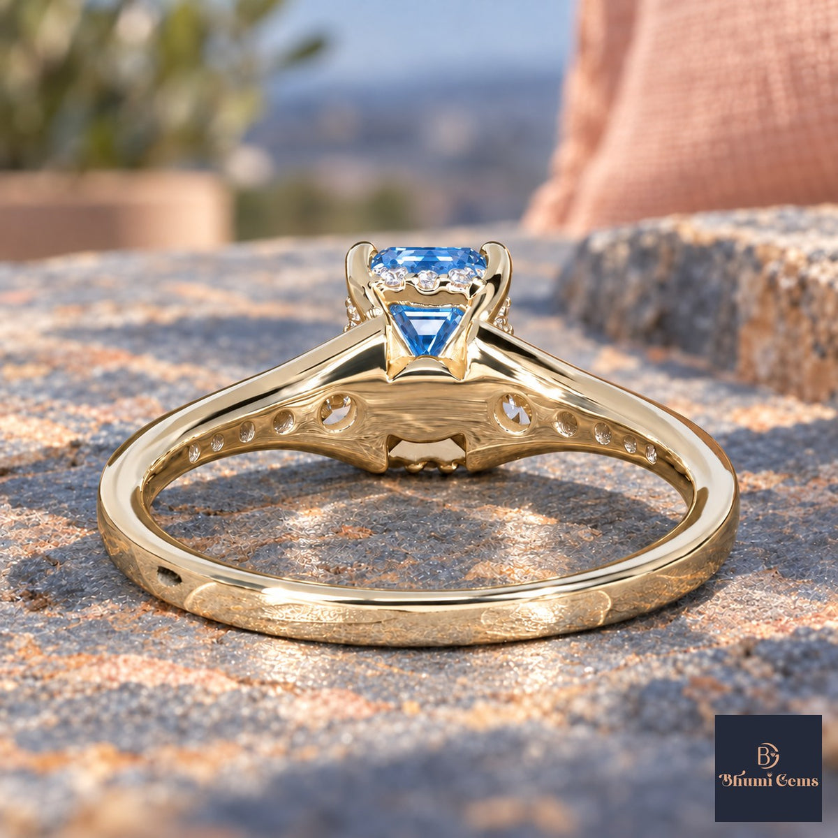 Blue Emerald Cut Lab Grown Diamond Engagement Ring - Graduated Pave Shoulders in yellow gold, gallery view