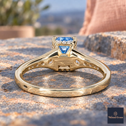 Blue Emerald Cut Lab Grown Diamond Engagement Ring - Graduated Pave Shoulders in yellow gold, gallery view