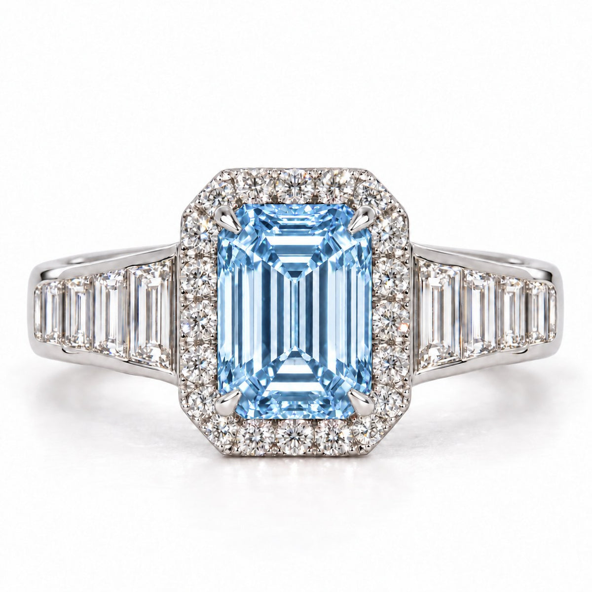 Blue Emerald Cut Lab Grown Diamond Engagement Ring - Halo and Baguette Shoulders in white gold, front view