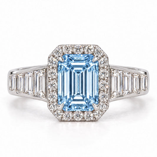 Blue Emerald Cut Lab Grown Diamond Engagement Ring - Halo and Baguette Shoulders in white gold, front view