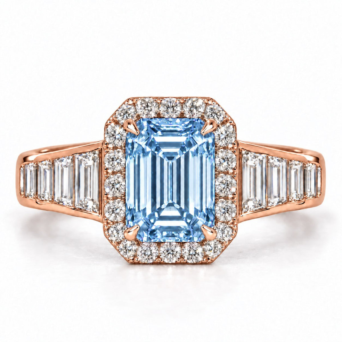Blue Emerald Cut Lab Grown Diamond Engagement Ring - Halo and Baguette Shoulders in rose gold, front view