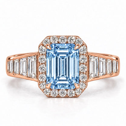 Blue Emerald Cut Lab Grown Diamond Engagement Ring - Halo and Baguette Shoulders in rose gold, front view