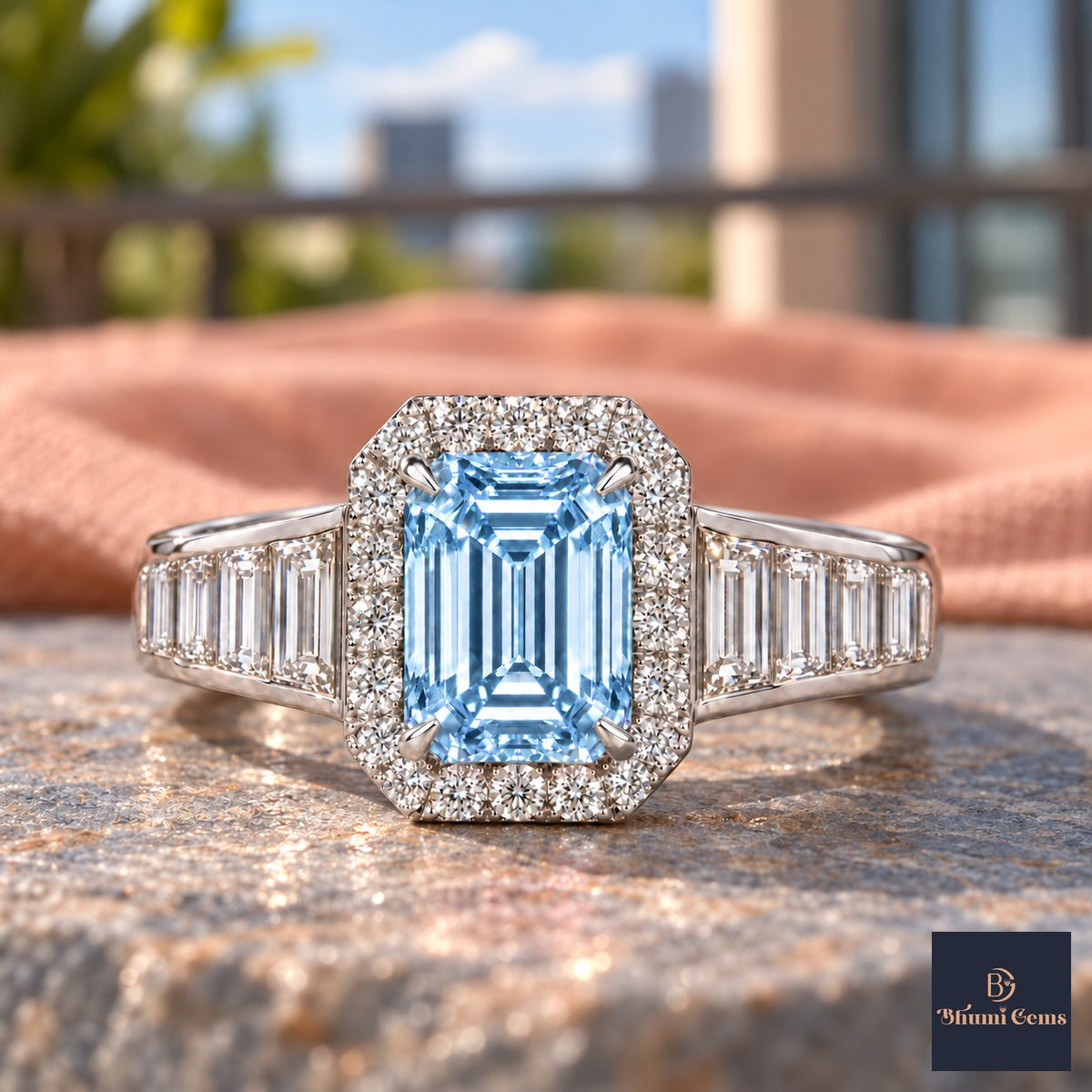 Blue Emerald Cut Lab Grown Diamond Engagement Ring - Halo and Baguette Shoulders in white gold, close-up