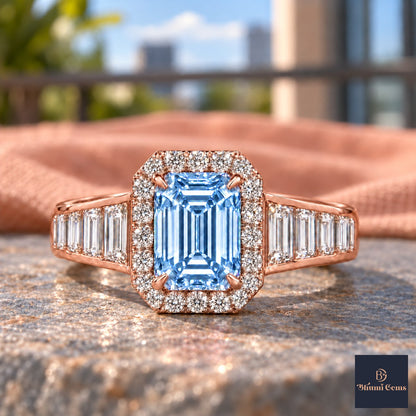Blue Emerald Cut Lab Grown Diamond Engagement Ring - Halo and Baguette Shoulders in rose gold, close-up