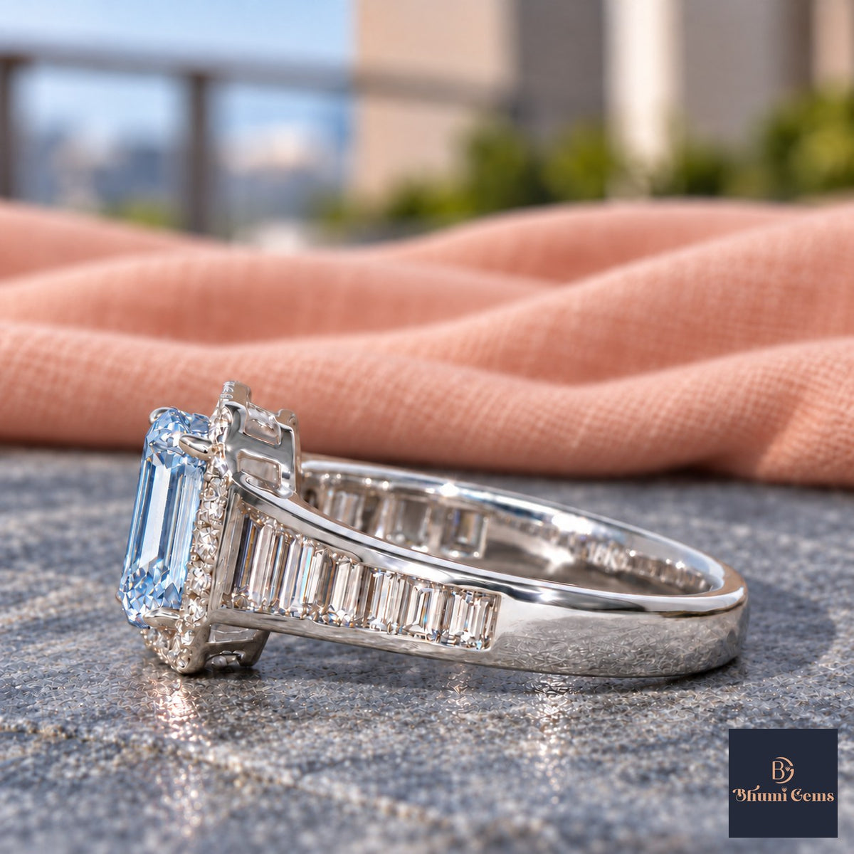 Blue Emerald Cut Lab Grown Diamond Engagement Ring - Halo and Baguette Shoulders in white gold, side view