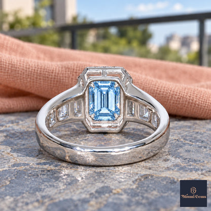 Blue Emerald Cut Lab Grown Diamond Engagement Ring - Halo and Baguette Shoulders in white gold, gallery view