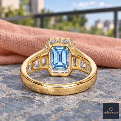 Blue Emerald Cut Lab Grown Diamond Engagement Ring - Halo and Baguette Shoulders in yellow gold, gallery view
