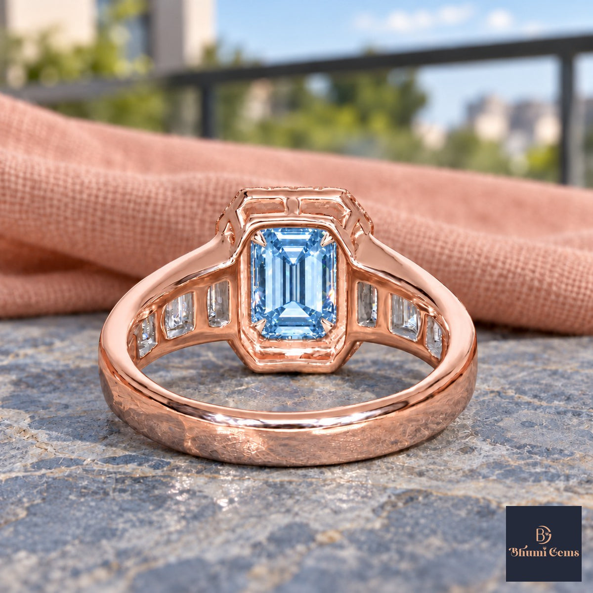 Blue Emerald Cut Lab Grown Diamond Engagement Ring - Halo and Baguette Shoulders in rose gold, gallery view