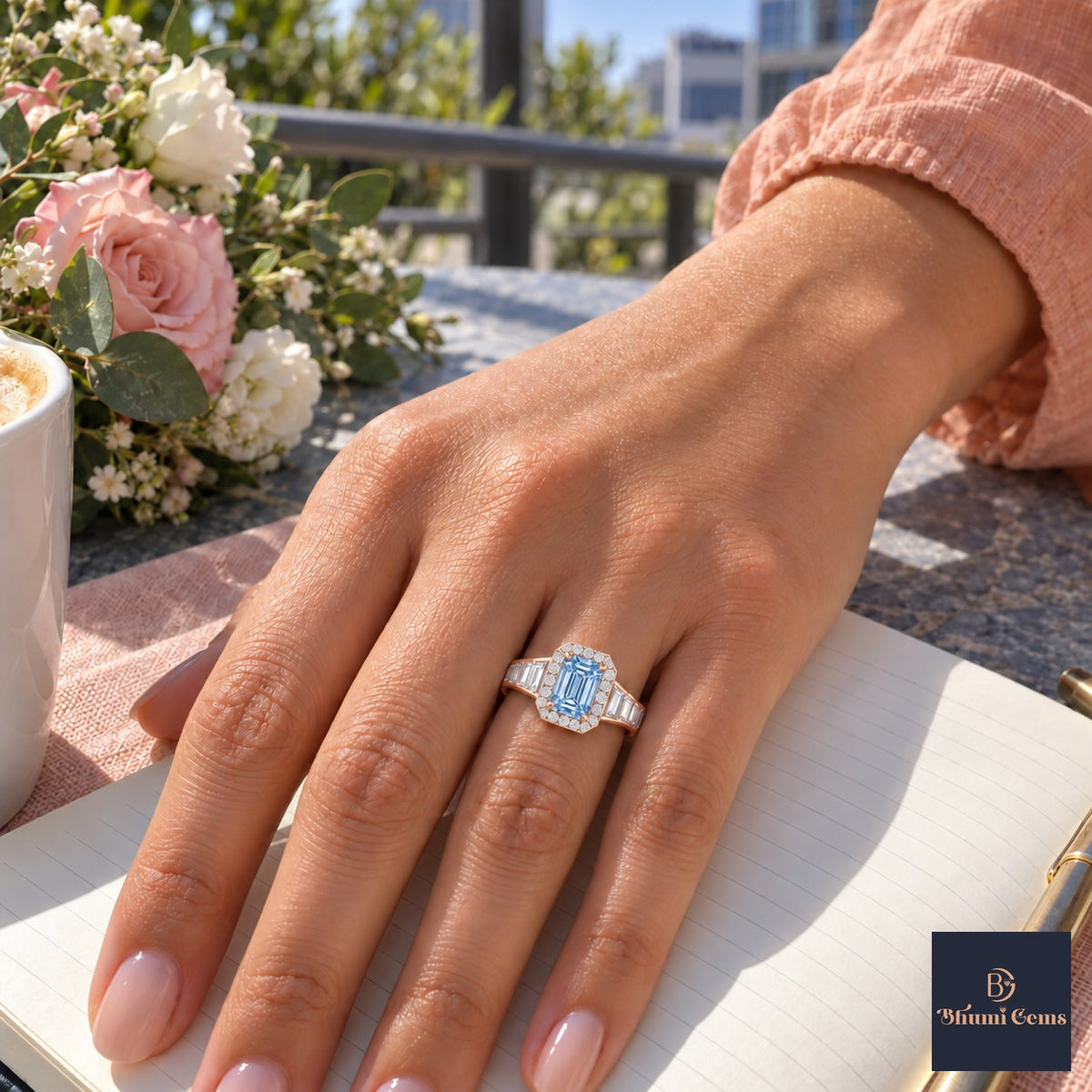 Blue Emerald Cut Lab Grown Diamond Engagement Ring - Halo and Baguette Shoulders in rose gold, worn on the hand