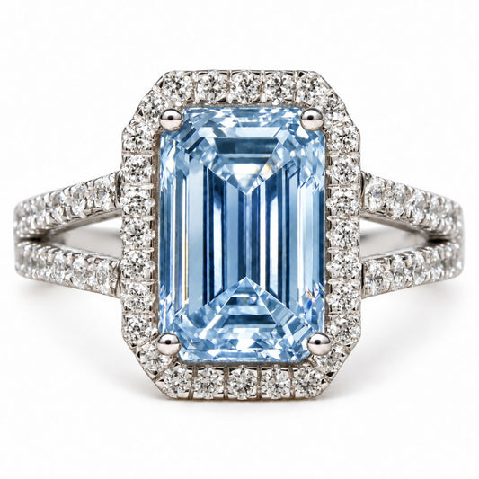Blue Emerald Cut Lab Grown Diamond Engagement Ring - Halo Split Shank in white gold, front view