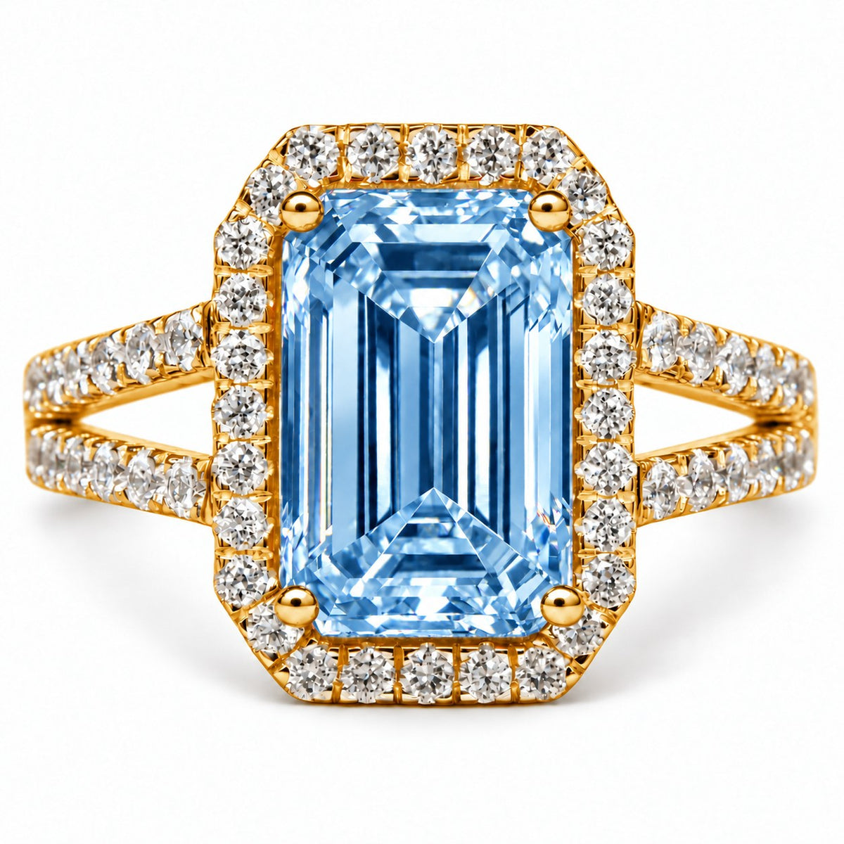 Blue Emerald Cut Lab Grown Diamond Engagement Ring - Halo Split Shank in yellow gold, front view