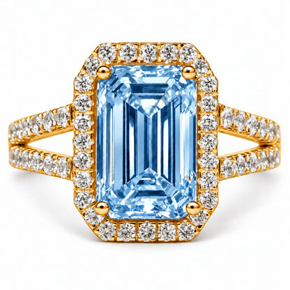 Blue Emerald Cut Lab Grown Diamond Engagement Ring - Halo Split Shank in yellow gold, front view