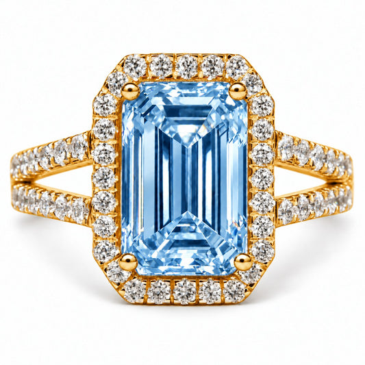 Blue Emerald Cut Lab Grown Diamond Engagement Ring - Halo Split Shank in yellow gold, front view