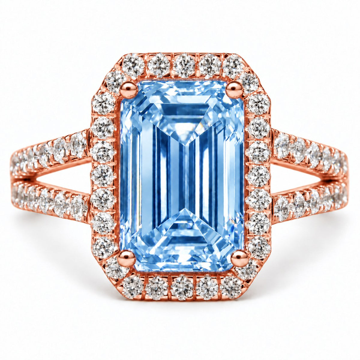 Blue Emerald Cut Lab Grown Diamond Engagement Ring - Halo Split Shank in rose gold, front view