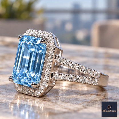 Blue Emerald Cut Lab Grown Diamond Engagement Ring - Halo Split Shank in white gold, close-up